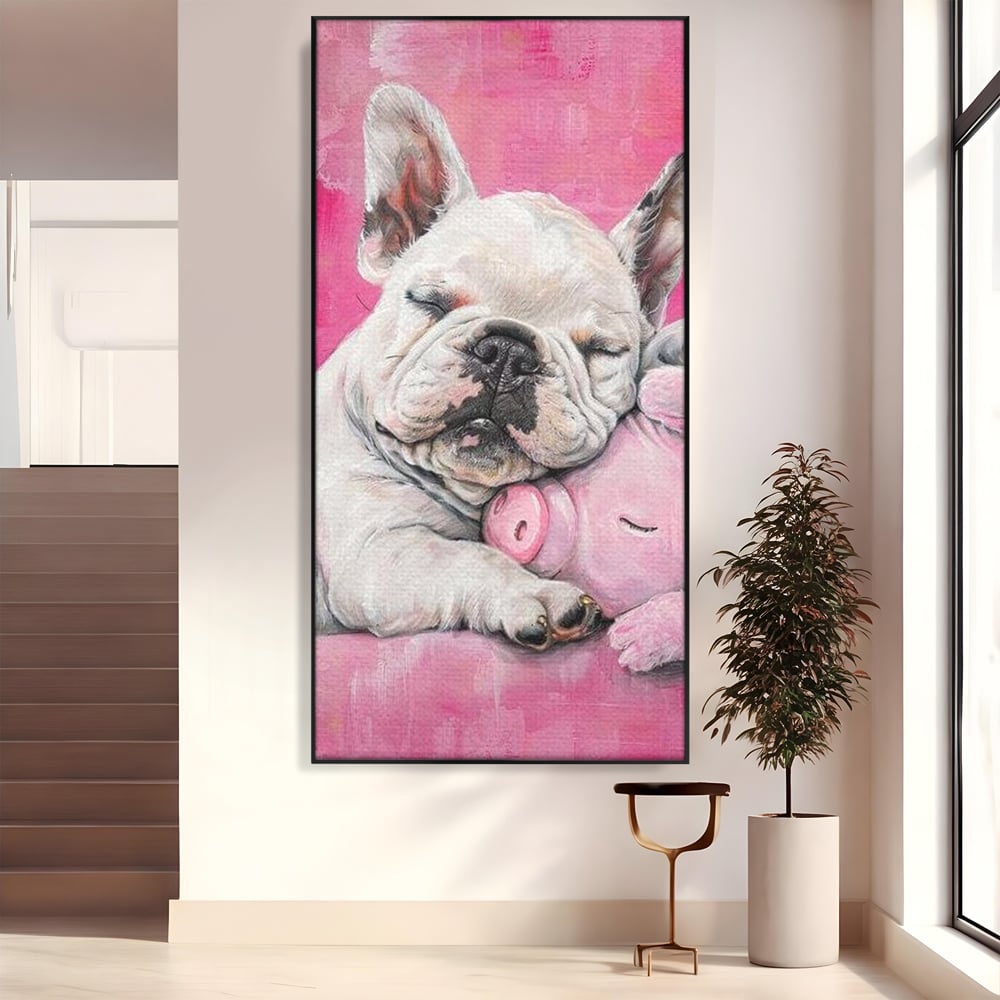 Tablou canvas cu pictura cu bulldog si porcusor, in rama de aluminiu negru